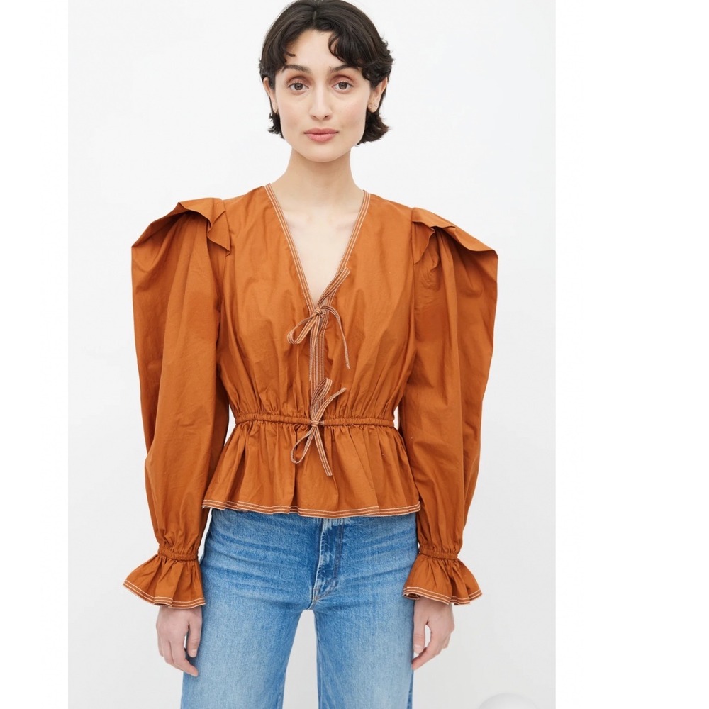 Ulla Johnson Sabina Blouse Women 6 Brown Puff Sleeve Tie Front Peplum